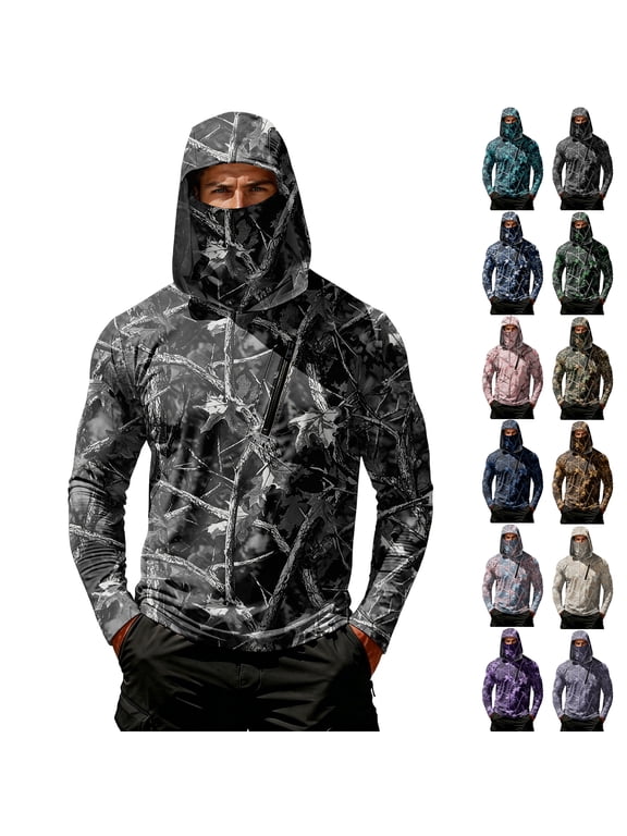 Men Hooded Long Sleeve Sun Protection Jacket Camouflage Print Lightweight Pullover Outdoor Casual Top with Zipper Pocket