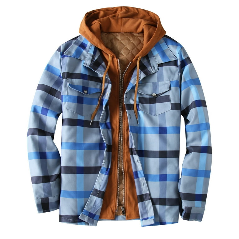Men Hooded Plaid Shirts Button Splice Sweatshirt Long Sleeve Lattice Tops Light Blue Size L