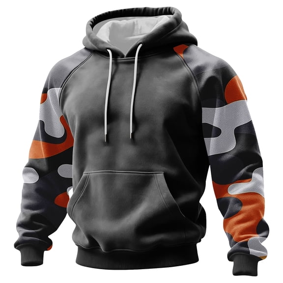 Men Hooded Pullover Sweatshirt Long Sleeve Raglan Camouflage Print Casual Drawstring Hoodie Kangaroo Pocket Top Dark Gray L