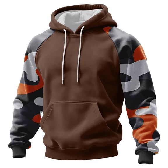 Men Hooded Pullover Sweatshirt Long Sleeve Raglan Camouflage Print Casual Drawstring Hoodie Kangaroo Pocket Top Light Brown XL