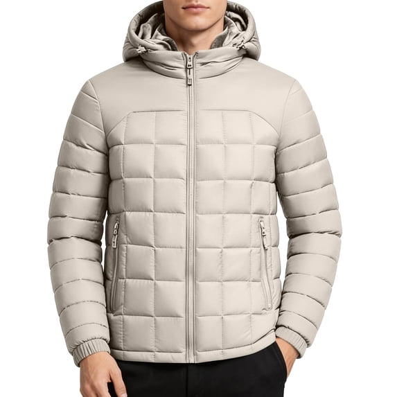 Men Hooded Quilted Puffer Jacket Full Zip Winter Outerwear Adjustable Drawstring Hood Zipper Side Pockets Casual Warm Coat for Travel Camping Daily Outdoor Wear Beige 4XL