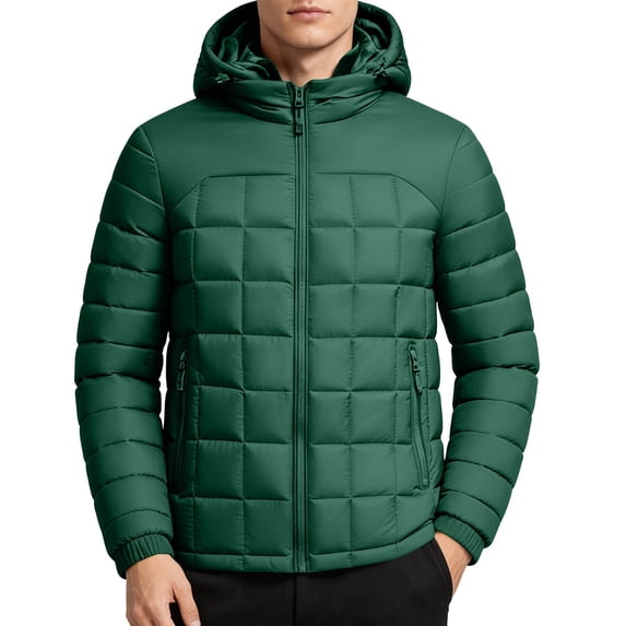 Men Hooded Quilted Puffer Jacket Full Zip Winter Outerwear Adjustable Drawstring Hood Zipper Side Pockets Casual Warm Coat for Travel Camping Daily Outdoor Wear Green XL
