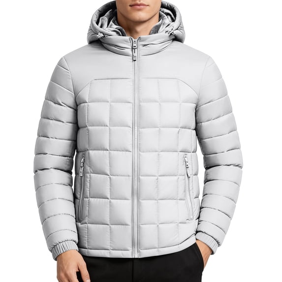 Men Hooded Quilted Puffer Jacket Full Zip Winter Outerwear Adjustable Drawstring Hood Zipper Side Pockets Casual Warm Coat for Travel Camping Daily Outdoor Wear White XL