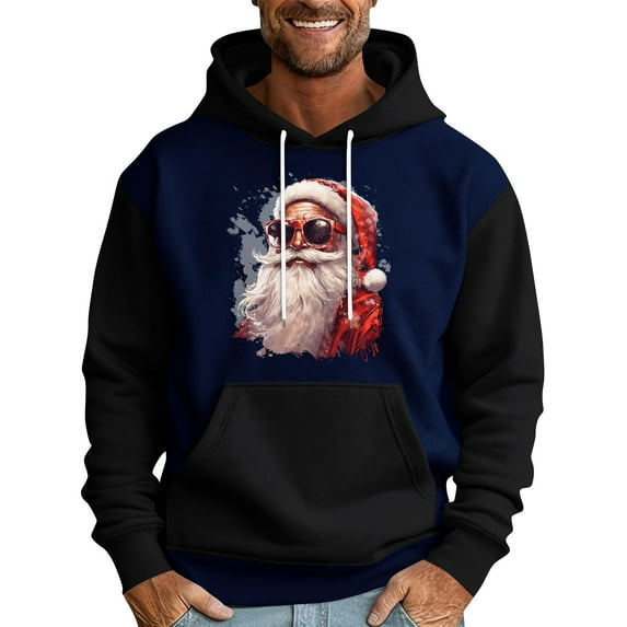 Men Hooded Sweatshirt Long Sleeve Pullover Santa Claus Graphic Print Casual Loose Fit Kangaroo Pocket Drawstring Design Black L