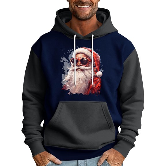 Men Hooded Sweatshirt Long Sleeve Pullover Santa Claus Graphic Print Casual Loose Fit Kangaroo Pocket Drawstring Design Dark Gray M