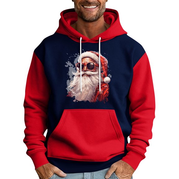 Men Hooded Sweatshirt Long Sleeve Pullover Santa Claus Graphic Print Casual Loose Fit Kangaroo Pocket Drawstring Design Red M