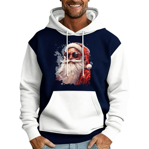 Men Hooded Sweatshirt Long Sleeve Pullover Santa Claus Graphic Print Casual Loose Fit Kangaroo Pocket Drawstring Design White XL
