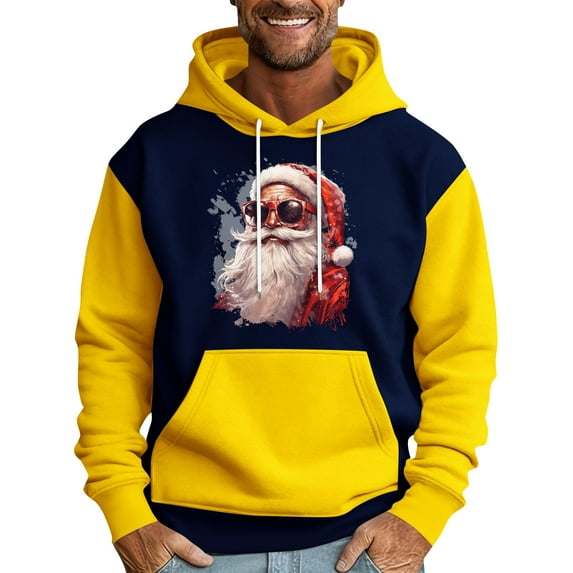 Men Hooded Sweatshirt Long Sleeve Pullover Santa Claus Graphic Print Casual Loose Fit Kangaroo Pocket Drawstring Design Yellow L