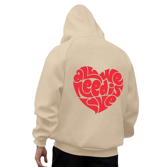 Men Hoodie Fall Winter Men's Valentine's Day Couples Matching Heart Print Hooded Long Sleeve Warm Raglan Sleeve Pullover Men's Sweatshirt Beige M