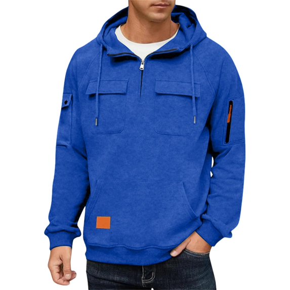 Men Hoodie Fleece Oversized Sweatshirts Quarter Zip Pullover Drawstring Multi-Pocket Outdoor Casual coat