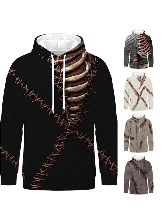 Men Hoodie Halloween Hoodie for Men 3D Skeleton Rib Cage Spine Scary Pullover Hooded Sweatshirt Party Top Black S