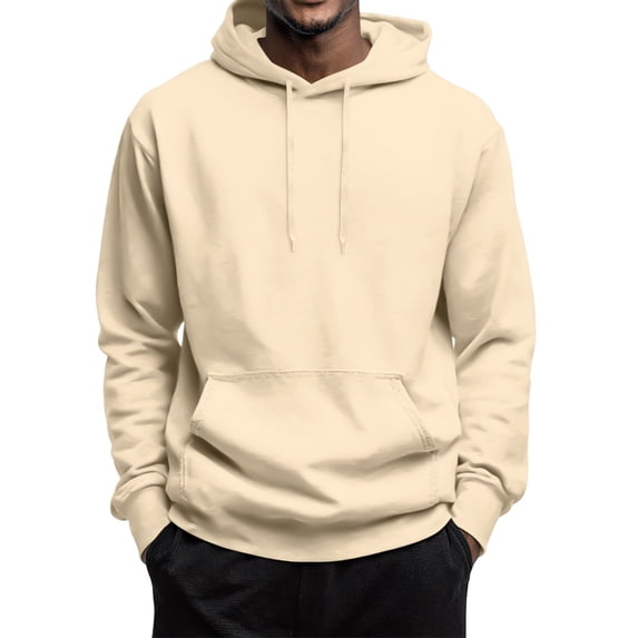 Men Hoodie Long Sleeve Hooded Drawstring Sweatshirt Fall Winter Fashion Solid Color Basic Pullover Tops Beige L