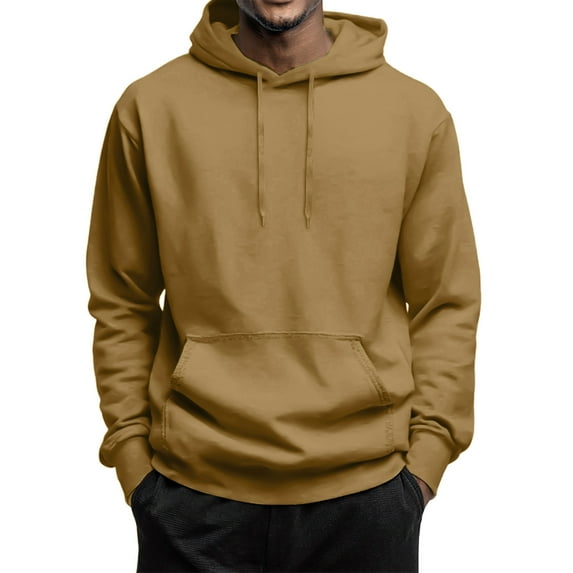 Men Hoodie Long Sleeve Hooded Drawstring Sweatshirt Fall Winter Fashion Solid Color Basic Pullover Tops Camel 2XL