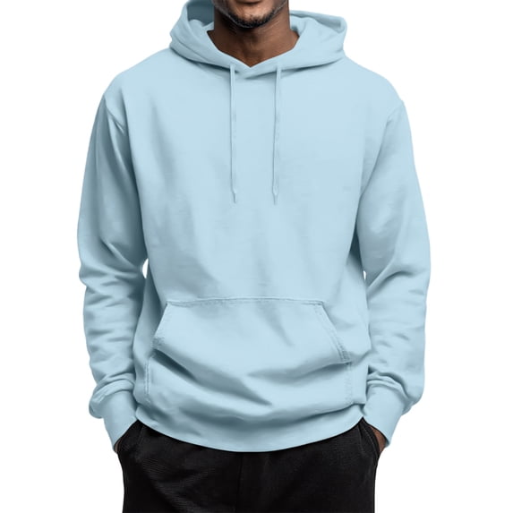 Men Hoodie Long Sleeve Hooded Drawstring Sweatshirt Fall Winter Fashion Solid Color Basic Pullover Tops Light Blue 2XL