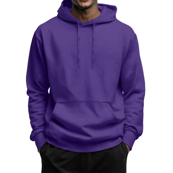 Men Hoodie Long Sleeve Hooded Drawstring Sweatshirt Fall Winter Fashion Solid Color Basic Pullover Tops Purple 3XL