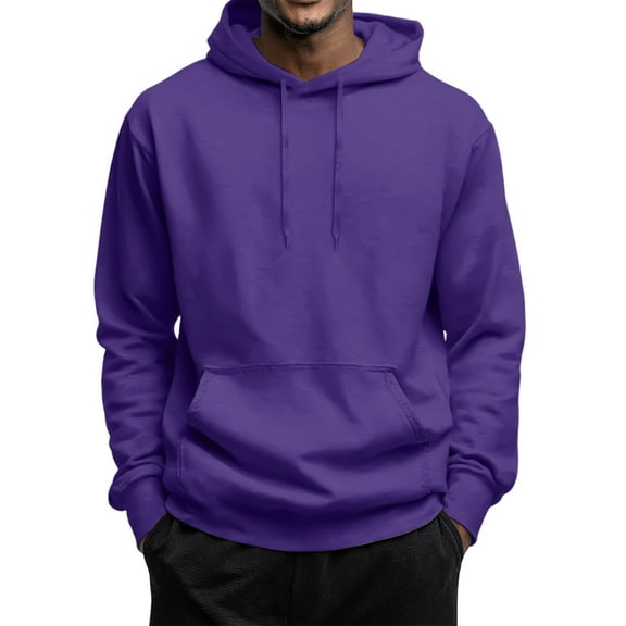 Men Hoodie Long Sleeve Hooded Drawstring Sweatshirt Fall Winter Fashion Solid Color Basic Pullover Tops Purple M