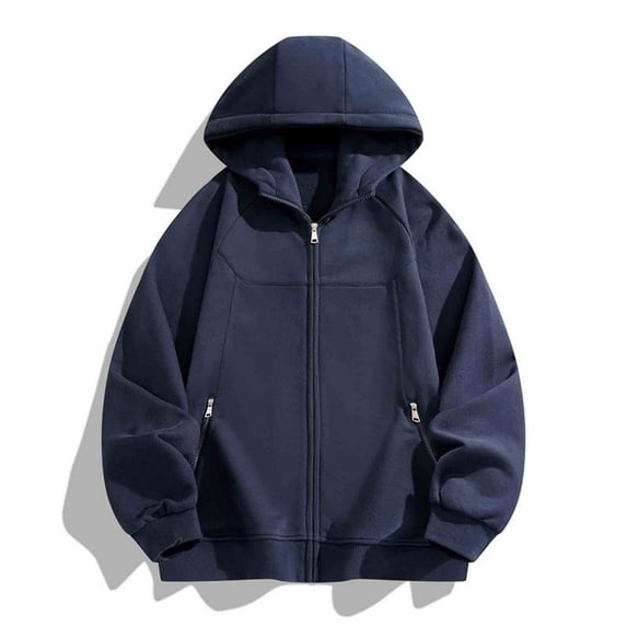 Men Hoodie Sweatshirt Full Zip up Casual Long Sleeve Solid Jacket with Zipper Pockets, Sports Loungewear Outwear Coats Dark Blue M