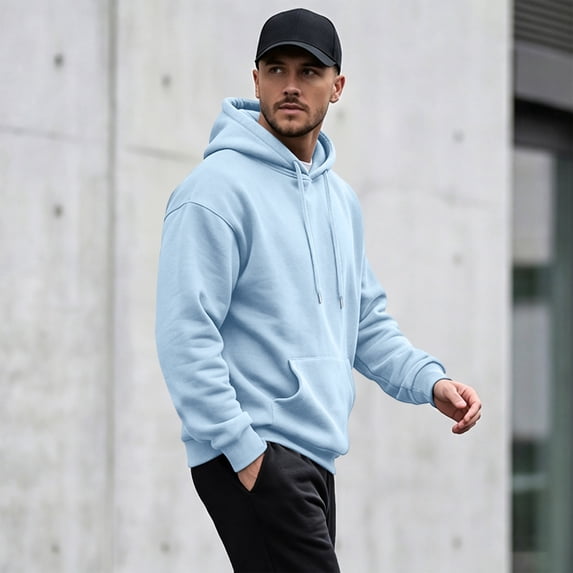 Men Hoodie Sweatshirt Pullover with Kangaroo Pocket Lightweight Casual Hooded Top Apparel for Spring Fall Wear Light Blue L