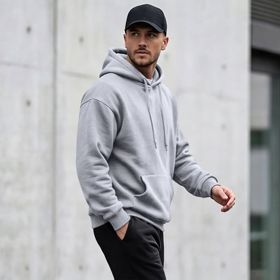 Men Hoodie Sweatshirt Pullover with Kangaroo Pocket Lightweight Casual Hooded Top Apparel for Spring Fall Wear Light Gray S