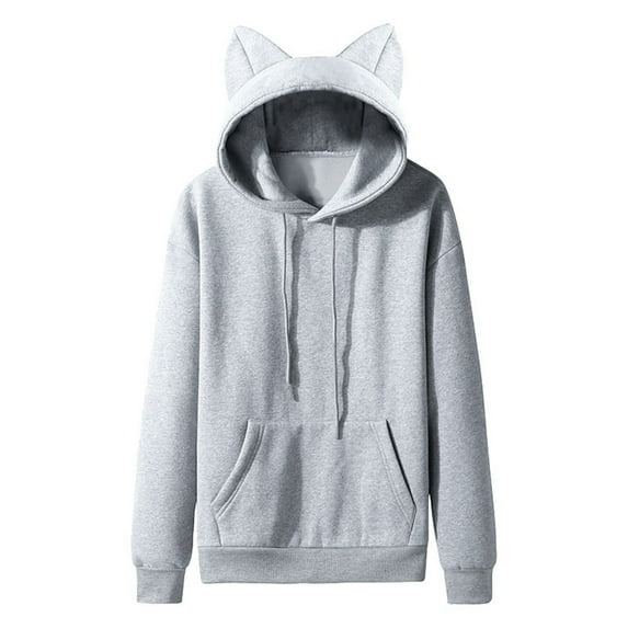 Men Hoodies Fall Winter Mens Cat Ear Hoodies Pullover Solid Sweatshirt Mens Sweatshirts Grey M