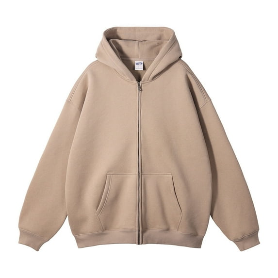 Men Hoodies Men's Full Zip Up Long Sleeve Solid Hooded Hoodie with Pocket Mens Sweatshirts Khaki XL