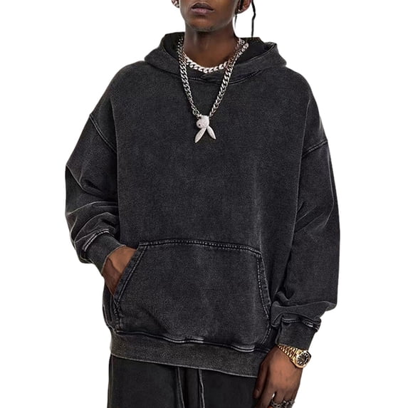 Men Hoodies Oversized Unisex Acid Wash Hoodie Vintage Cotton Sweatshirt Waterwashed Black L