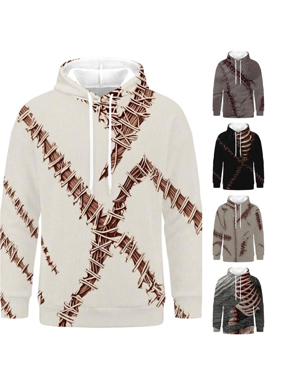 Men Hoodies Pullover Halloween Hoodie for Men 3D Skeleton Rib Cage Spine Scary Pullover Hooded Sweatshirt Party Top White L