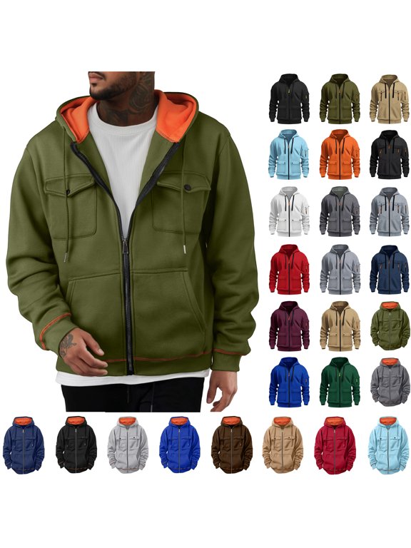 Men Hoodies Sweatshirts Solid Multi Pocket Sports Pullover Zipper Cardigan Long Sleeved Hooded Sweatshirt Jacket