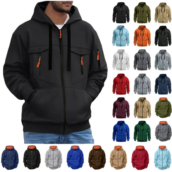 Men Hoodies Sweatshirts Solid Multi Pocket Sports Pullover Zipper Cardigan Long Sleeved Hooded Sweatshirt Jacket