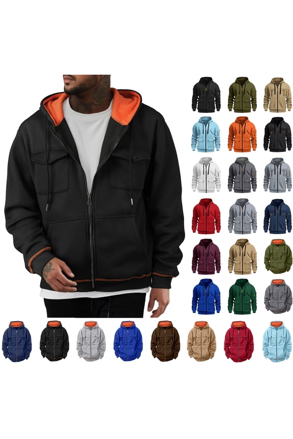 Men Hoodies Sweatshirts Solid Multi Pocket Sports Pullover Zipper Cardigan Long Sleeved Hooded Sweatshirt Jacket