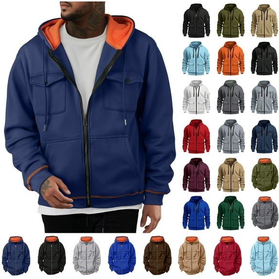 Men Hoodies Sweatshirts Solid Multi Pocket Sports Pullover Zipper Cardigan Long Sleeved Hooded Sweatshirt Jacket