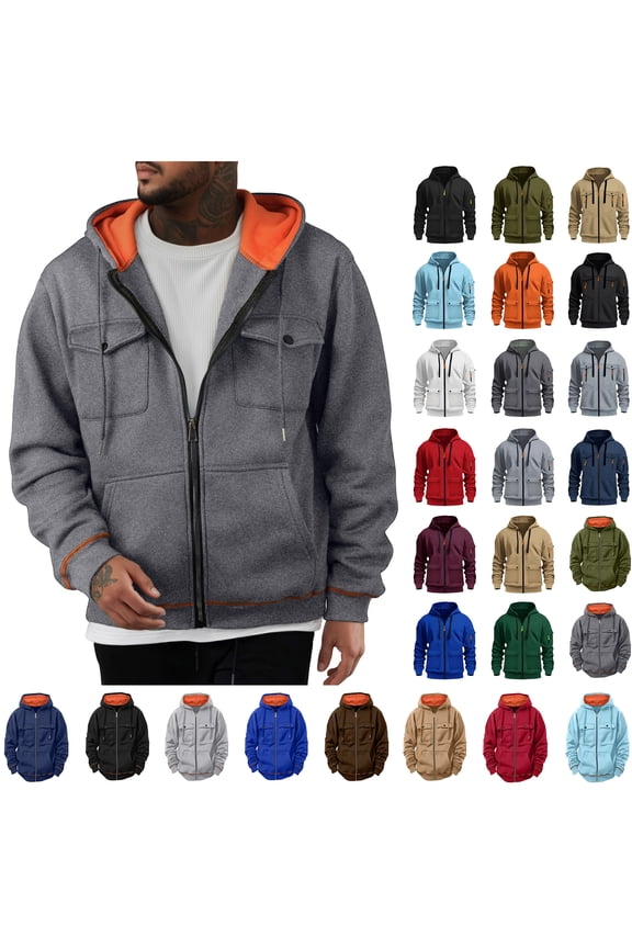 Men Hoodies Sweatshirts Solid Multi Pocket Sports Pullover Zipper Cardigan Long Sleeved Hooded Sweatshirt Jacket