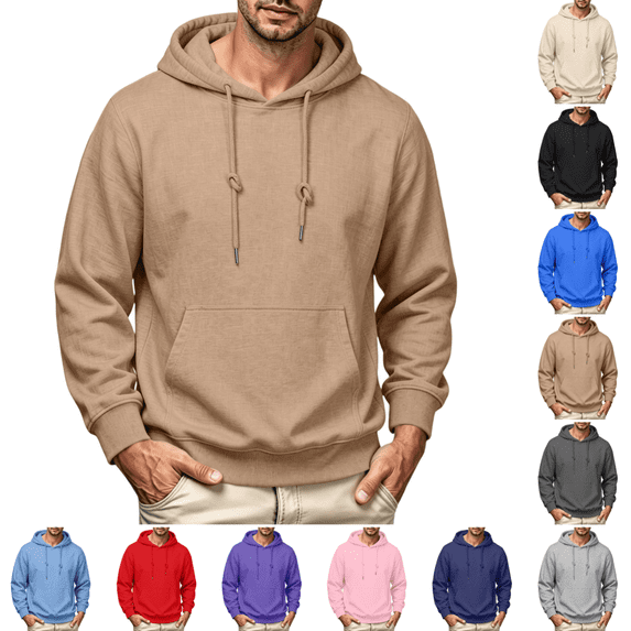 Men Hoodies Trendy Long Sleeves Hooded Solid Color Pullover Fall Winter Comfy Drawstring Regular Fit Casual Pullover Camel 2XL