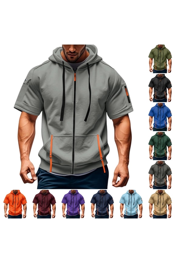 Men Hoodies Zip Casual Lightweight Short Sleeve Sweatshirt Pullover Gym Muscle Hoodie Loose T-shirts with Pocket Light Gray L