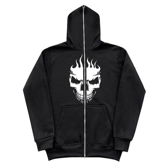 Men Hoodies Zip Up Unique Dark Gothic Print Hoodie Long Sleeve Relaxed Fit Streetwear Graphic Hoodies White M