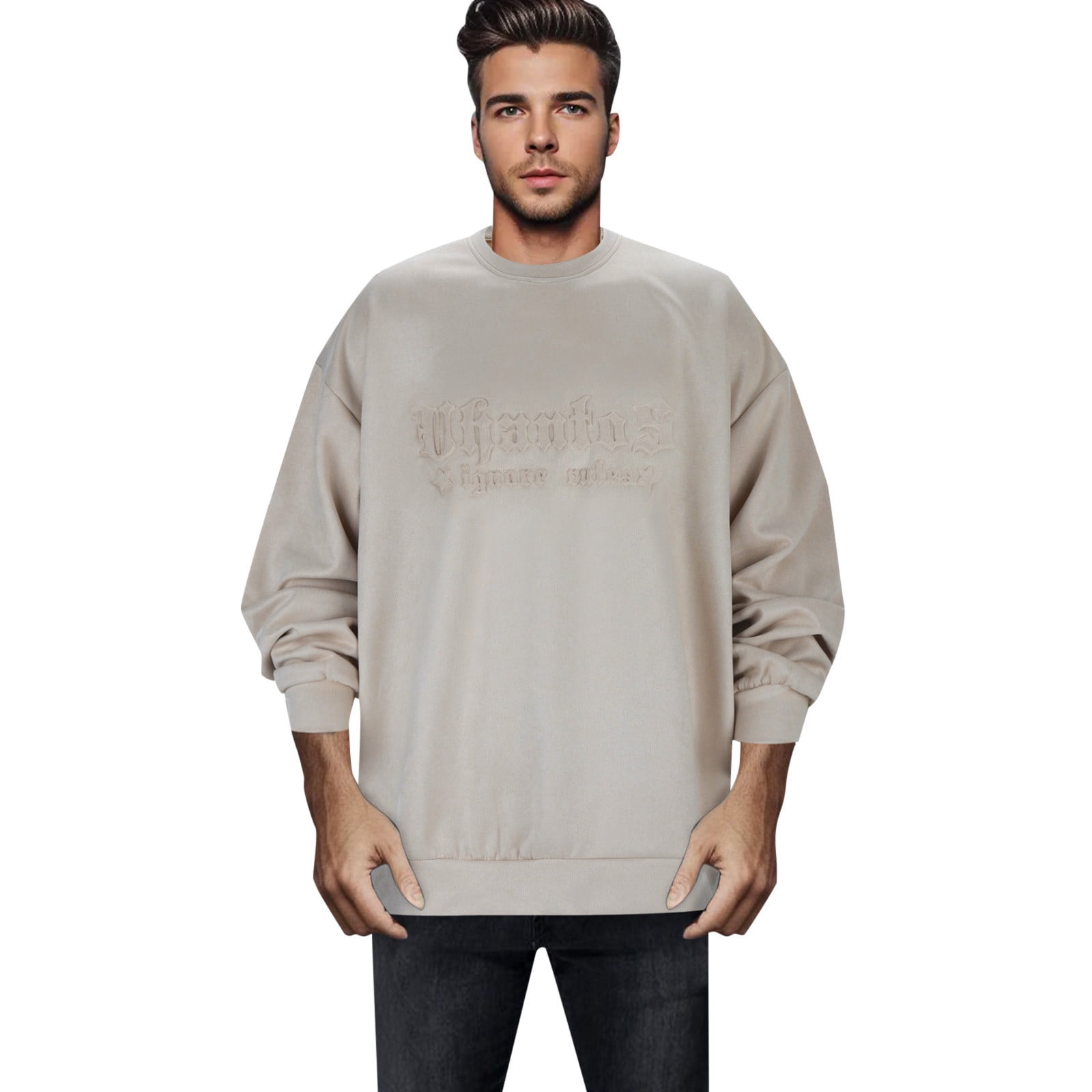 Men Hoodless Sweatshirt Custom Logo Heavy Embroidery Oversized Blank Sweatshirts Crew Neck Oversized Street Wear Cotton Drop Shoulder Crewneck Walmart