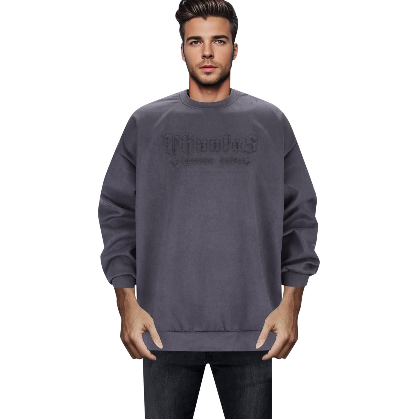 Men Hoodless Sweatshirt Custom Logo Heavy Embroidery Oversized Blank Sweatshirts Crew Neck Oversized Street Wear Cotton Drop Shoulder Crewneck Walmart