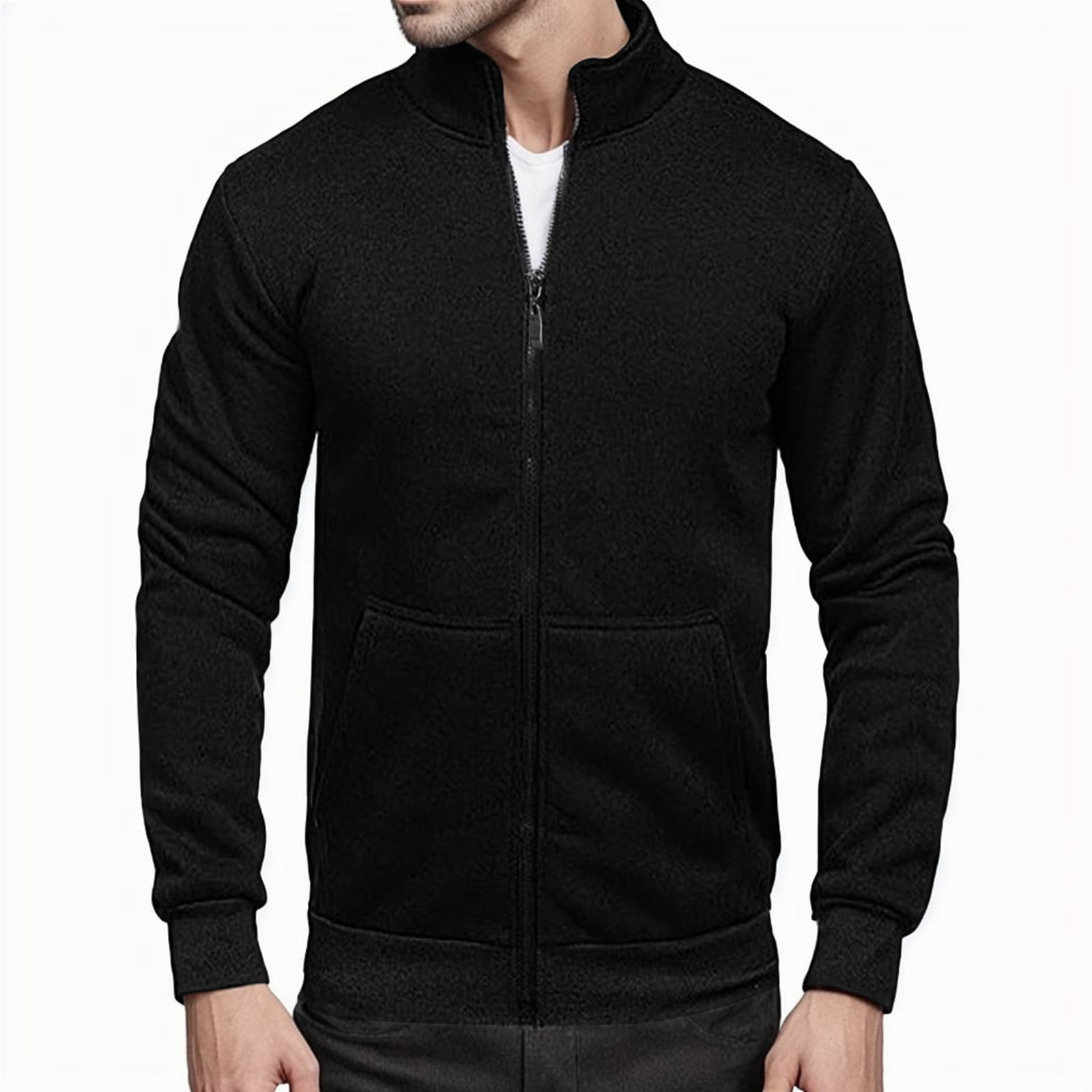 Men Hoodless Sweatshirts Solid Color Long Sleeve Clothes Cardigan Zip ...