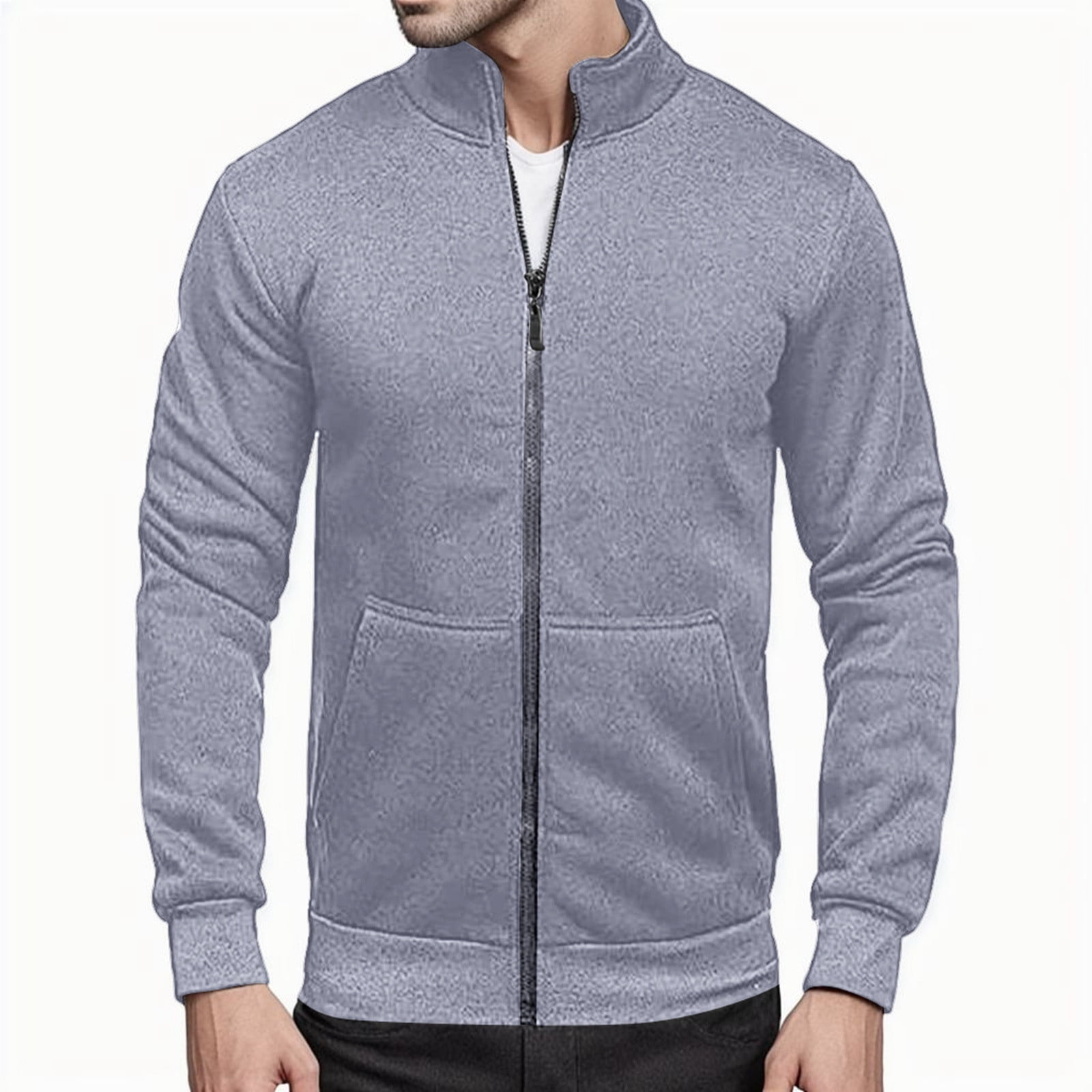 Men Hoodless Sweatshirts Solid Color Long Sleeve Clothes Cardigan Zip ...