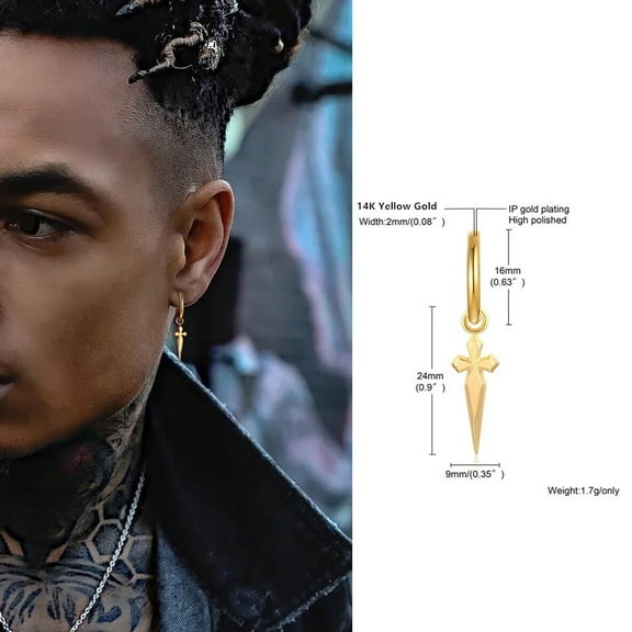 Men Huggie Hoops Earring, Minimal Sword Cross Dangles Earrings, 14K White Gold Men's Biker Jewelry
