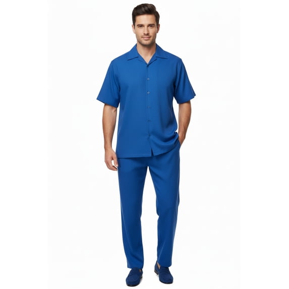 Men INSERCH 2pc Walking Leisure Suit Shirt Pants Set Short Sleeves 9356 Blue