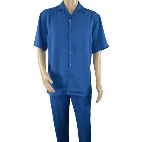 Men INSERCH 2pc Walking Leisure Suit Shirt Pants Set Short Sleeves 9356 Blue