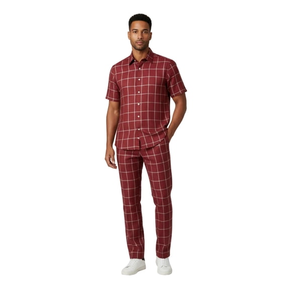 Men INSERCH premium Soft Cool Linen 2pc Walking Leisure suit 7098 Red Plaid