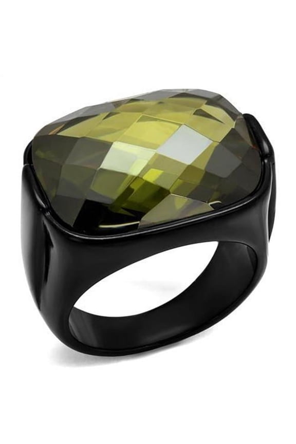 Men IP Black Stainless Steel Ring with AAA Grade CZ in Olivine - Size 10