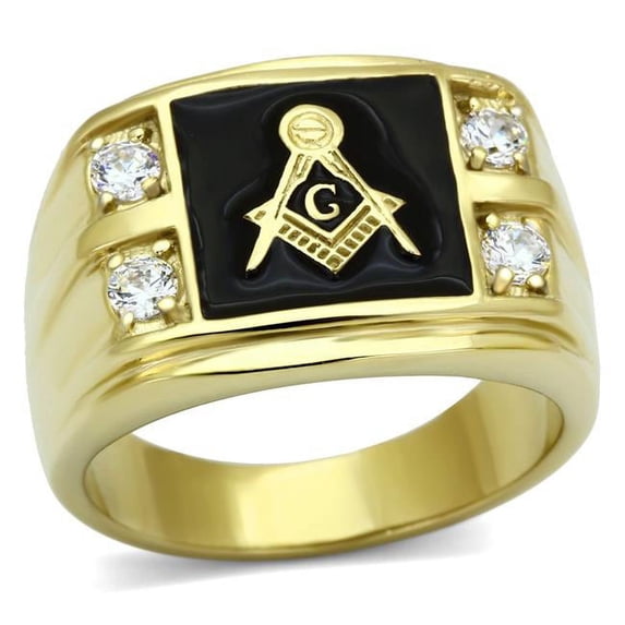 Men IP Gold Stainless Steel Ring with AAA Grade CZ in Clear - Size 8