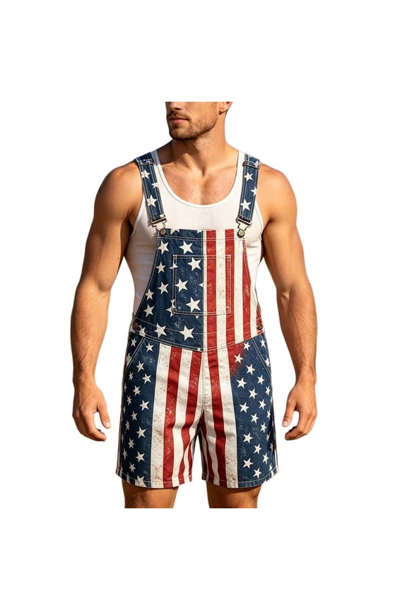 Men Independence Day Jumpsuit USA 250th Anniversary 4th Of July Patriotic Print Casual Straps One Piece Overalls Navy