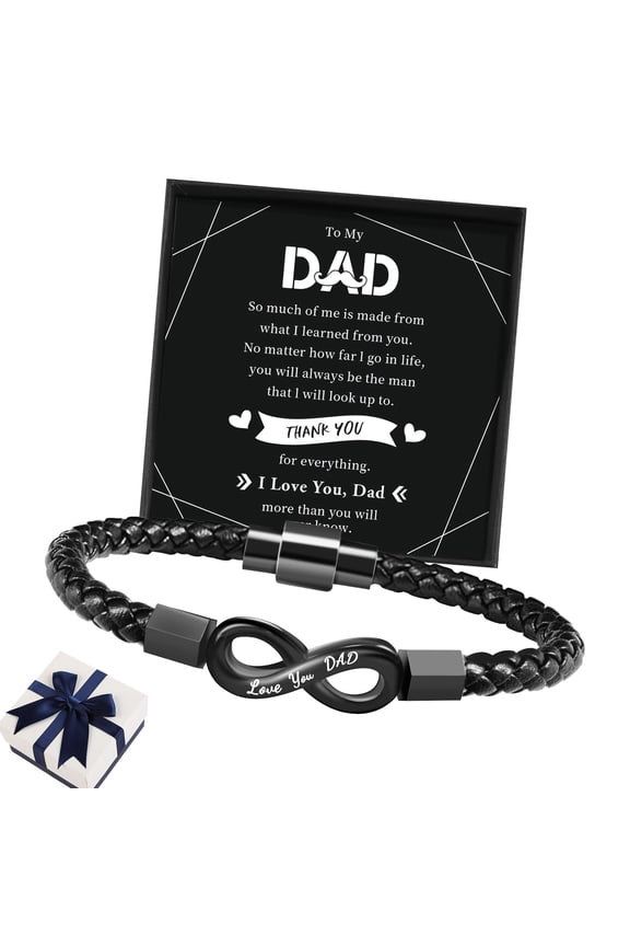 Men Infinity Braided Leather Bracelet,To My Dad Infinity Bracelet,Engraved Love You Dad Stainless Steel Infinity Knot Braided Leather Bracelet Gift for Him Birthday(21CM)