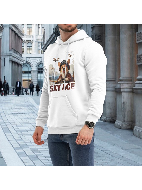 Men Inspirational Sky Ace Retro Pilot Aviator Corgi Leather Jacket Plane Graphic Pullover Hoodie, Adventure Travel Dog Lover 230g Black Fleece Hoodie