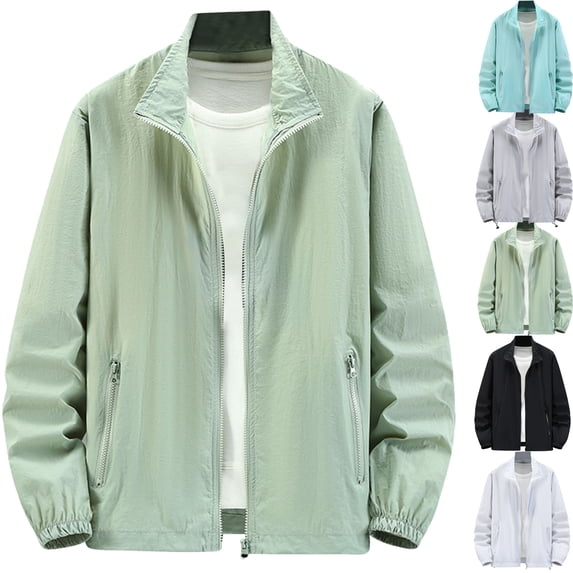 Men Jacket Casual Solid Color Lapel Long Sleeved Light Zipper Pocket Coat with Pocket Green XXXXXL