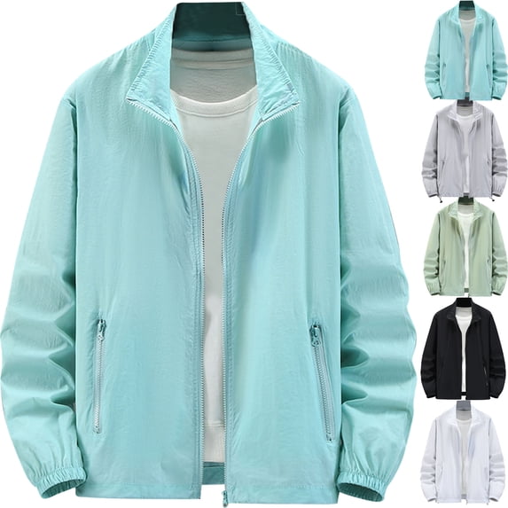 Men Jacket Casual Solid Color Lapel Long Sleeved Light Zipper Pocket Coat with Pocket Light Blue XL